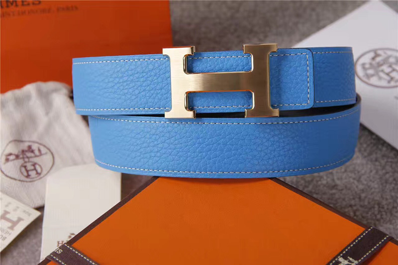 愛馬仕腰帶 Hermès 愛馬仕原單腰帶 經(jīng)典H拉絲扣頭 海外進口荔枝紋帶條 藍色