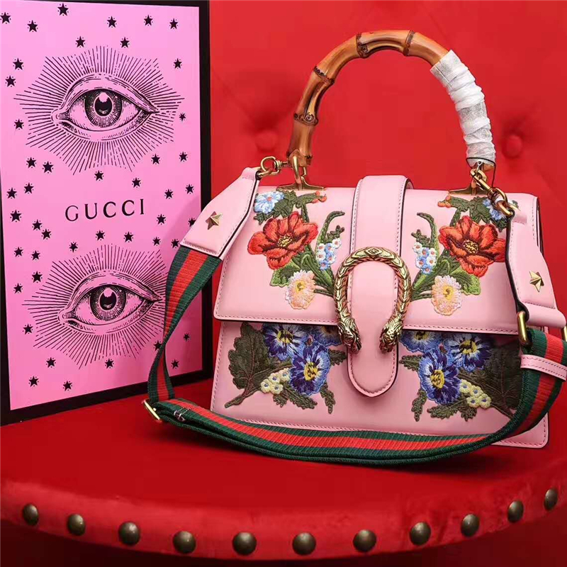 GUCCI 2017秋冬女士手袋 酒神包 竹節提手 手工刺繡 粉色