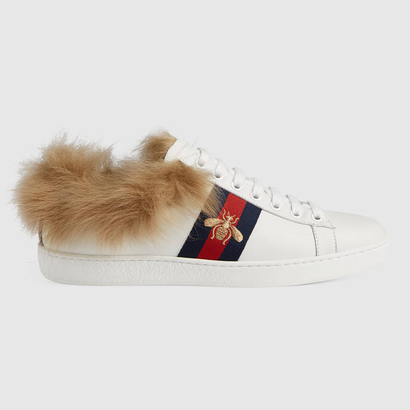 498199 GUCCI Ace系列 金色蜜蜂刺繡 毛皮 運動鞋 白色