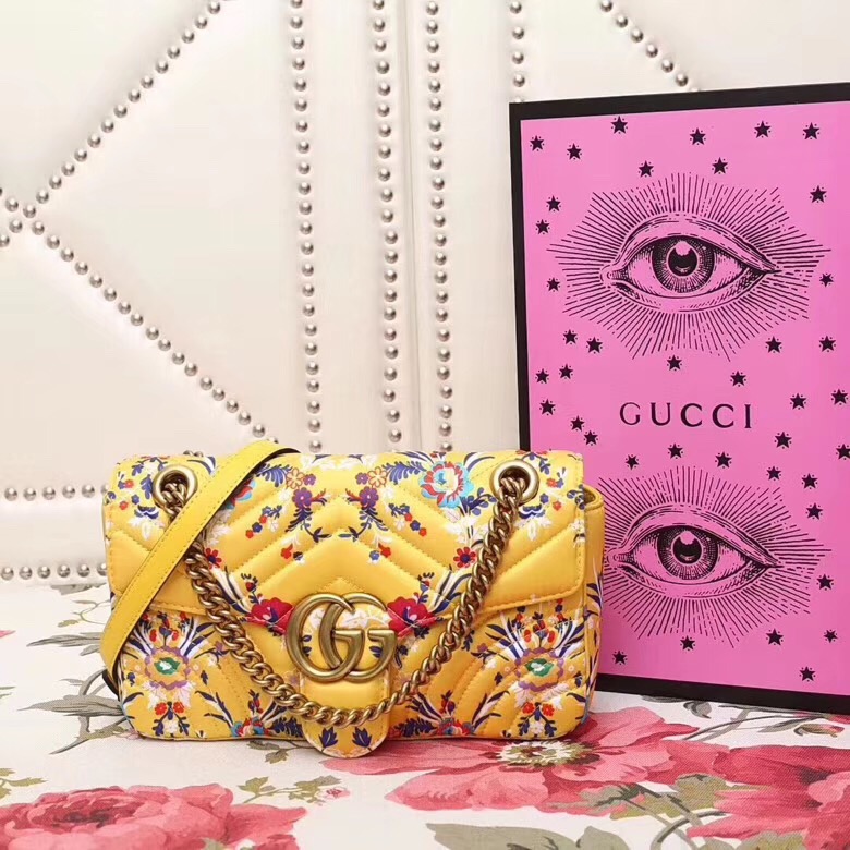 443497 Gucci GG Marmont系列 絎縫 彩色花卉印花 鏈條肩背包 黃色