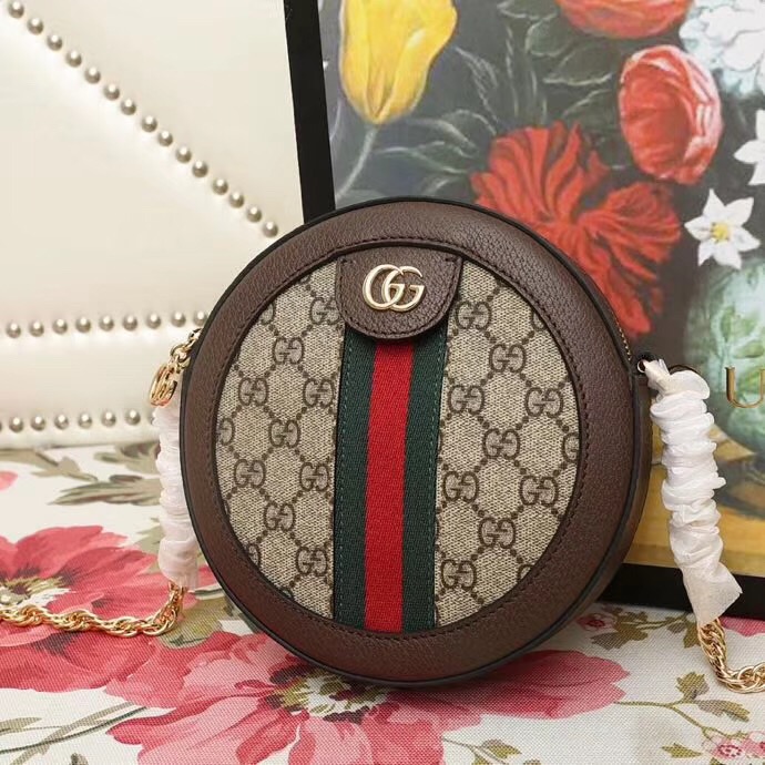 550618 GUCCI 2018新款 Ophidia系列 印花圖案 織帶 鏈式圓餅包 啡色