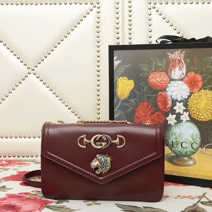 537241 Gucci 秋冬 Rajah系列 虎頭鉆石 牛皮 鏈條肩背包 棗紅色
