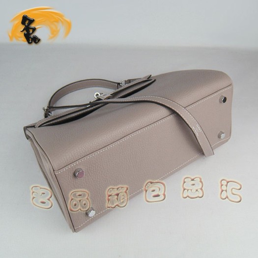6108 Hermes淺灰色女士 牛皮手提包 Hermes Kelly 凱莉包 愛(ài)馬仕荔枝紋斜挎包