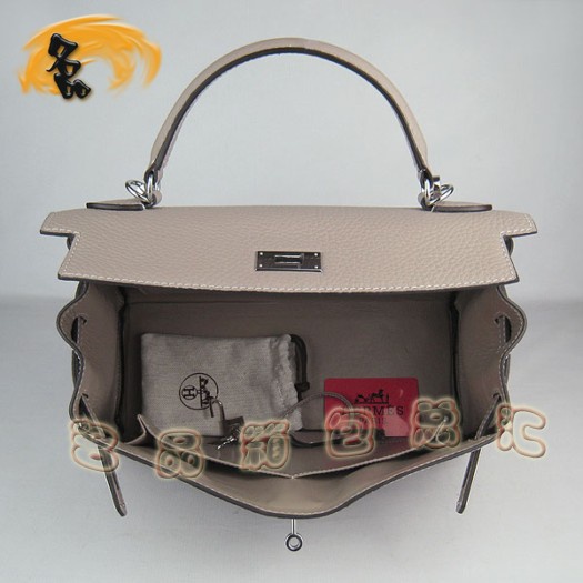 6108 Hermes淺灰色女士 牛皮手提包 Hermes Kelly 凱莉包 愛(ài)馬仕荔枝紋斜挎包
