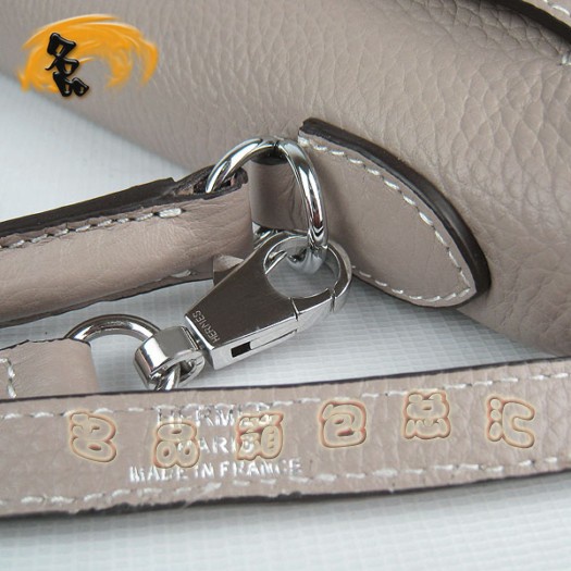 6108 Hermes淺灰色女士 牛皮手提包 Hermes Kelly 凱莉包 愛(ài)馬仕荔枝紋斜挎包