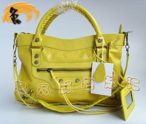 084331 BALENCIAGA時尚女包 巴黎世家機車包 黃色牛皮手提包 斜挎包 流蘇