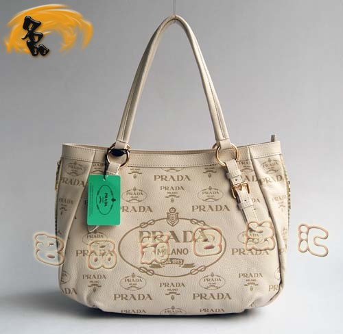138501 Prada最新印花款時尚休閑女包 普拉達(dá)手提包 Prada單肩包 米白色
