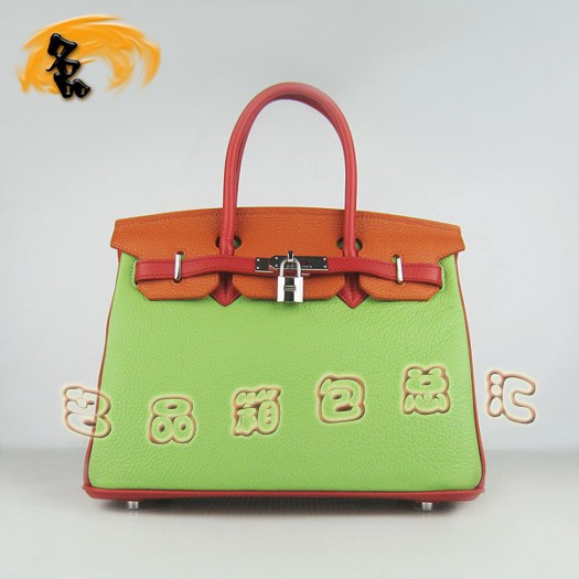 6088 Hermes Birkin 30 鉑金包 女包 Hermes 綠紅橙三色 牛皮手提包 銀扣