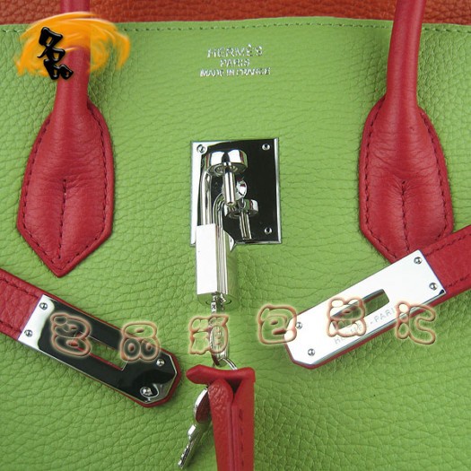 6088 Hermes Birkin 30 鉑金包 女包 Hermes 綠紅橙三色 牛皮手提包 銀扣