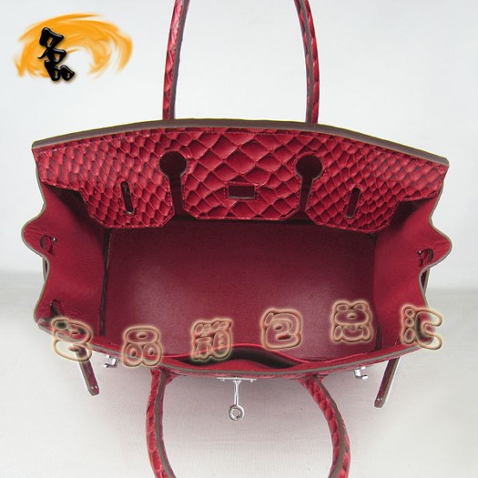 6088 Hermes女包 Hermes Birkin 鉑金包 30 愛(ài)馬仕魚(yú)紋手提包 紅色銀扣