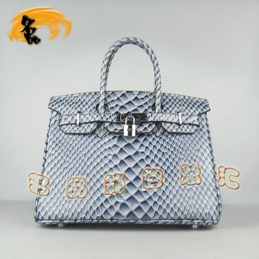 6088 Hermes Birkin 鉑金包 30cm 魚紋手提包 Hermes女包 藍(lán)色銀扣