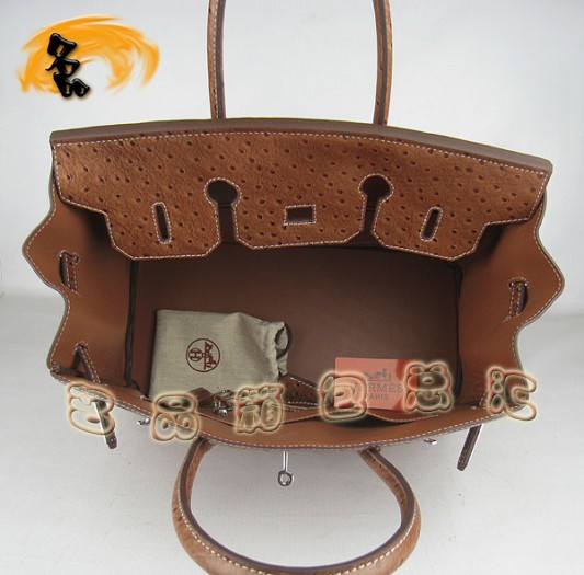 6089 Hermes Birkin 鉑金包 35 Birkin 鴕鳥紋女包 Hermes手提包 淺啡色銀扣