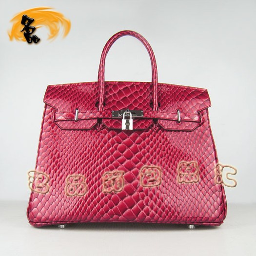 6089 Hermes新款魚紋女士手提包 Hermes Birkin 鉑金包 35 Birkin 紅色銀扣