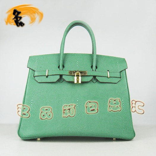6089 Hermes 新款 鉑金包35cm Birkin 珍珠紋女包 Hermes手提包 綠色金扣