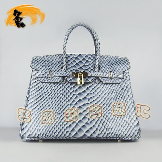 6089 Hermes新款魚紋女士手提包 Hermes Birkin 鉑金包 35 Birkin 藍(lán)色金扣