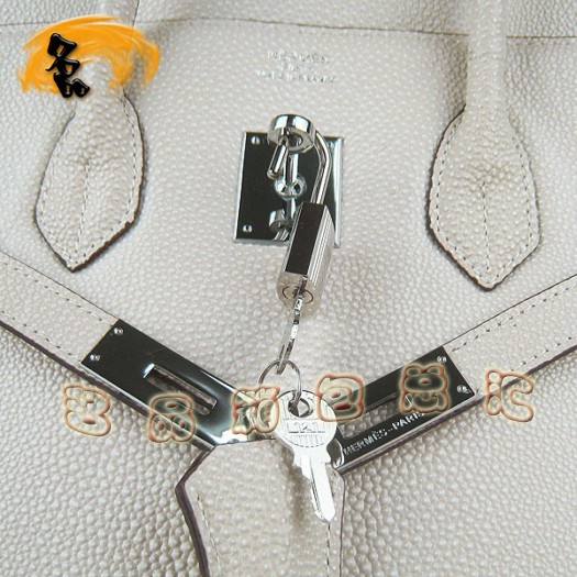 6089 Hermes新款 鉑金包35cm Birkin 珍珠紋女包 Hermes手提包 米白色銀扣