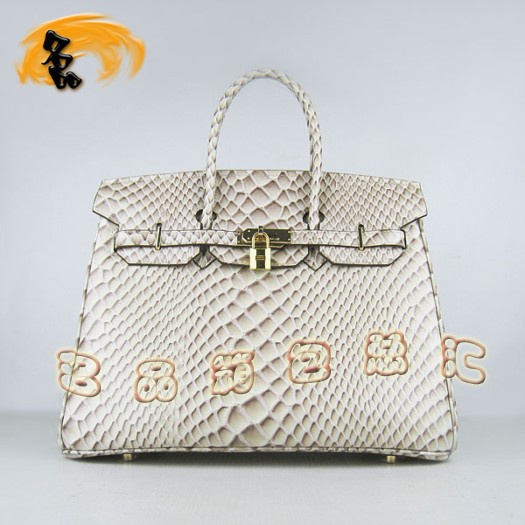 6089 Hermes女包 Hermes Birkin 鉑金包 35 魚(yú)紋女士手提包 米白色金扣