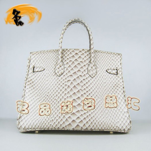 6089 Hermes女包 Hermes Birkin 鉑金包 35 魚(yú)紋女士手提包 米白色金扣