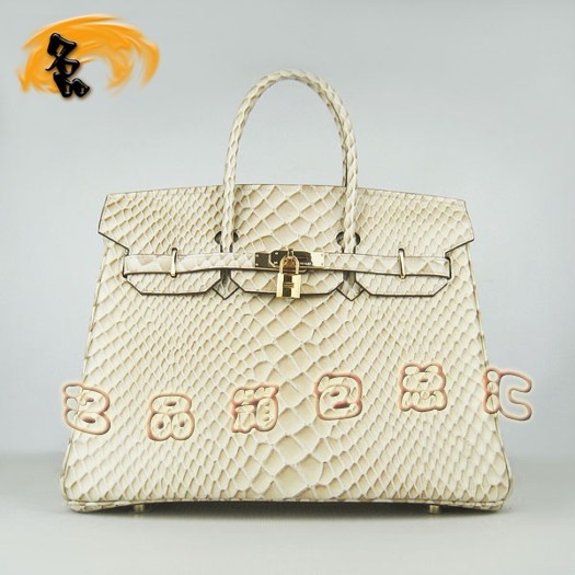6089 Hermes女包 Hermes Birkin 鉑金包 35 魚紋女士手提包 米黃色金扣