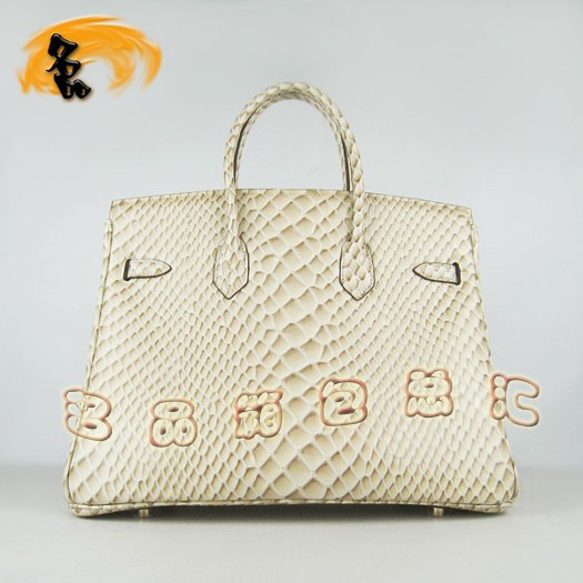 6089 Hermes女包 Hermes Birkin 鉑金包 35 魚紋女士手提包 米黃色金扣