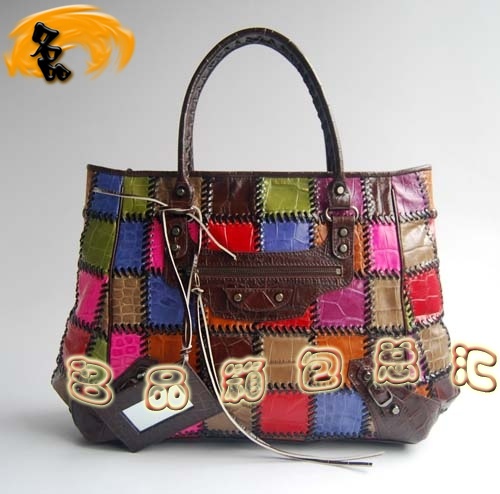 084610 Balenciaga最新款 拼色牛皮鱷魚紋時尚女士手提包 巴黎世家女包 深啡色
