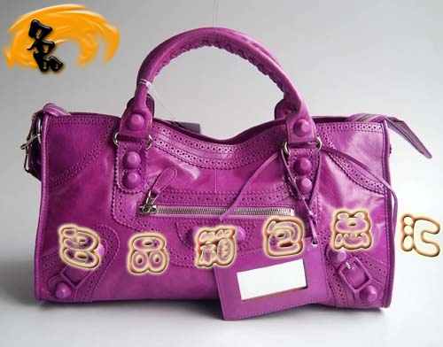 084828 Balenciaga皮釘花邊牛皮時(shí)尚休閑女包 巴黎世家最新款手提包 女包 粉紫色
