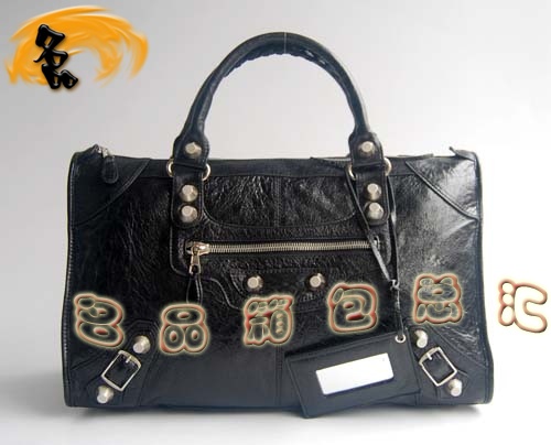 084324A 一比一品質(zhì) 巴黎世家新款羊皮銀釘手提包 Balenciaga機車包 黑色