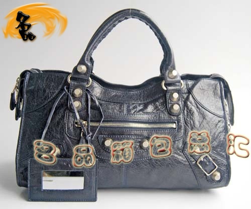084328A Balenciaga單肩包 機車包 巴黎世家手提包 進口羊皮大銀釘女包 深藍色