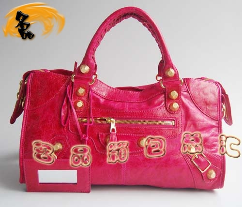 084328B Balenciaga機車包 單肩包 巴黎世家手提包 進口羊皮大金釘女包 桃紅色