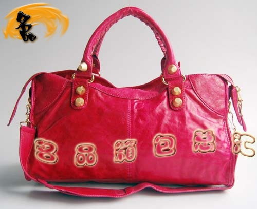 084328B Balenciaga機車包 單肩包 巴黎世家手提包 進口羊皮大金釘女包 桃紅色
