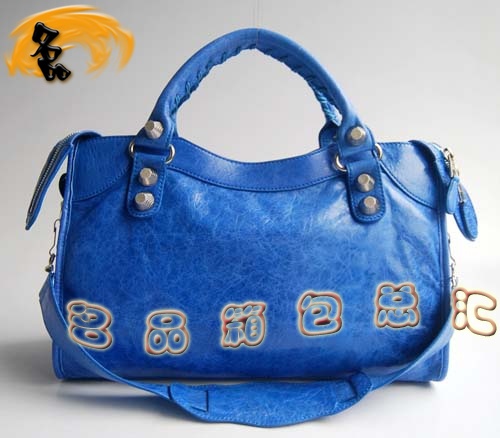 084332A Balenciaga機車包 單肩包 巴黎世家手提包 進口羊皮大銀釘時尚女包 藍色