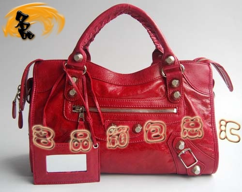 084332A Balenciaga機車包 單肩包 巴黎世家手提包 進口羊皮大銀釘時尚女包 紅色