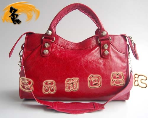 084332A Balenciaga機車包 單肩包 巴黎世家手提包 進口羊皮大銀釘時尚女包 紅色