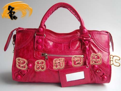 084828 1:1品質(zhì) Balenciaga機車包 女士單肩包 巴黎世家羊皮花邊皮釘手提包 桃紅色