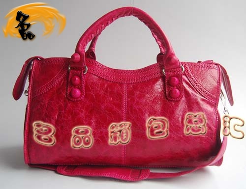084828 1:1品質(zhì) Balenciaga機車包 女士單肩包 巴黎世家羊皮花邊皮釘手提包 桃紅色