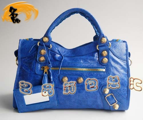 084332B Balenciaga機車包 單肩包 巴黎世家手提包 進口羊皮大金釘時尚女包 藍色