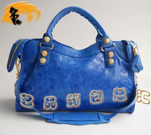 084332B Balenciaga機車包 單肩包 巴黎世家手提包 進口羊皮大金釘時尚女包 藍色