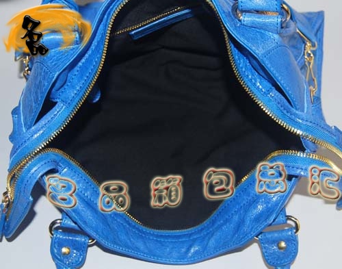 084332B Balenciaga機車包 單肩包 巴黎世家手提包 進口羊皮大金釘時尚女包 藍色