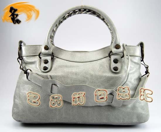103208 巴黎世家機車包 Balenciaga單肩包 進口油皮時尚女包 手提包 淺灰色