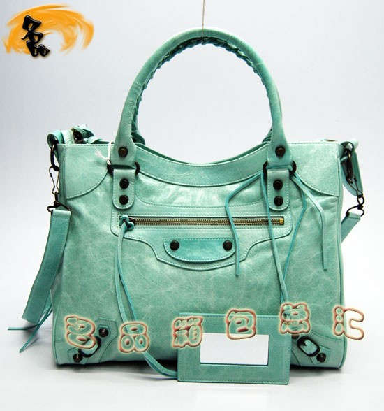 084616 Balenciaga機車包 巴黎世家單肩包 進口牛皮經典時尚手提包 湖水藍色