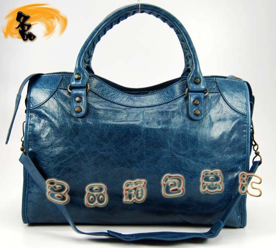 115748L 巴黎世家機車包 Balenciaga單肩包 進口油皮時尚女包 手提包 寶藍色