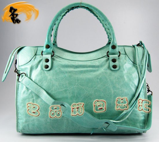115748L 巴黎世家機車包 Balenciaga單肩包 進口油皮時尚女包 手提包 湖水藍色
