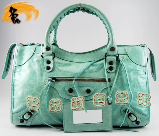 115748S 巴黎世家機車包 Balenciaga單肩包 手提包 進口油皮時尚女包 湖水藍色