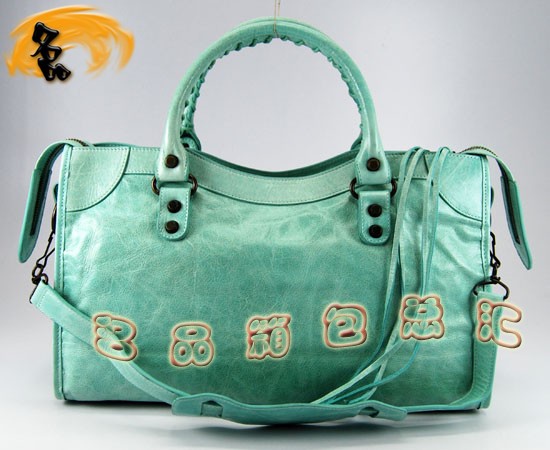115748S 巴黎世家機車包 Balenciaga單肩包 手提包 進口油皮時尚女包 湖水藍色