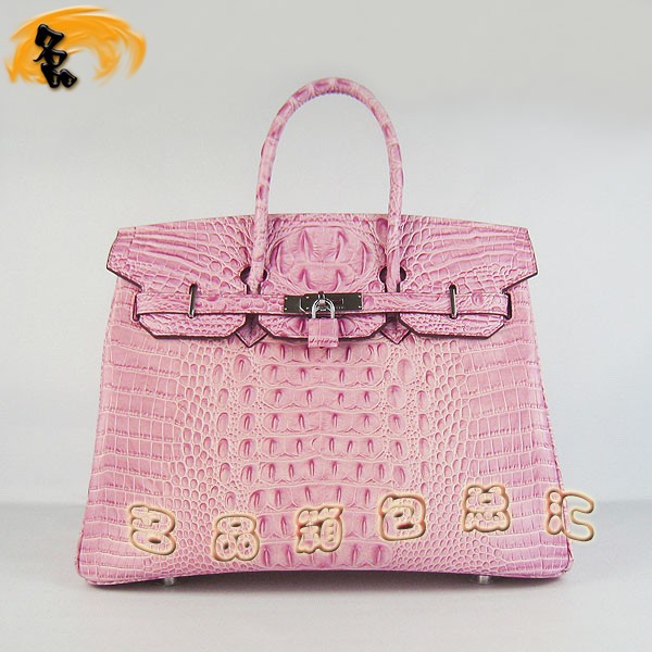 6089 愛馬仕女包 Hermes Birkin 鉑金包 Hermes手提包 鱷魚頭紋(35) 粉紅色銀扣