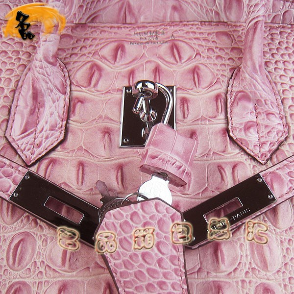 6089 愛馬仕女包 Hermes Birkin 鉑金包 Hermes手提包 鱷魚頭紋(35) 粉紅色銀扣