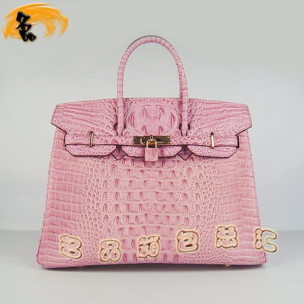 6089 愛馬仕女包 Hermes Birkin 鉑金包 Hermes手提包 鱷魚頭紋(35) 粉紅色金扣