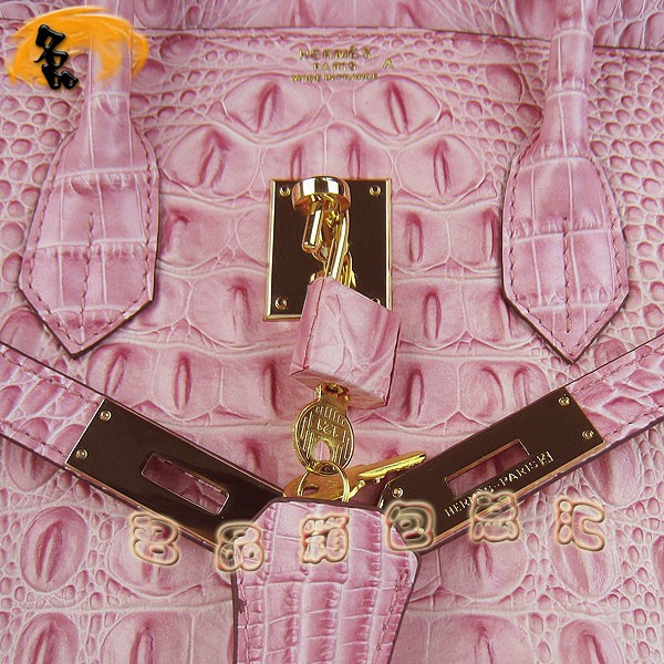 6089 愛馬仕女包 Hermes Birkin 鉑金包 Hermes手提包 鱷魚頭紋(35) 粉紅色金扣