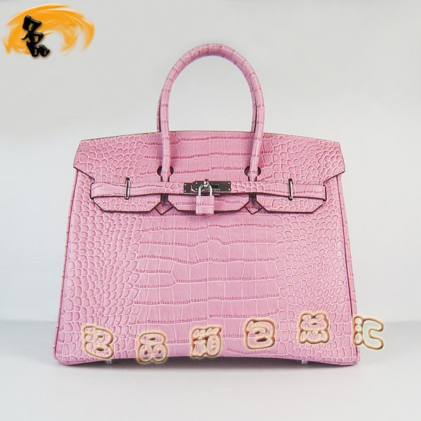 6089 愛(ài)馬仕女包 Hermes Birkin 鉑金包 Hermes手提包 鱷魚(yú)紋(35) 粉紅色銀扣