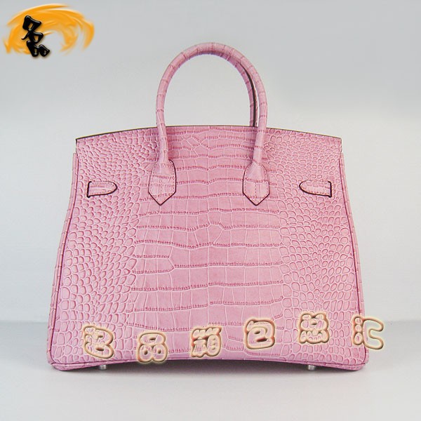 6089 愛(ài)馬仕女包 Hermes Birkin 鉑金包 Hermes手提包 鱷魚(yú)紋(35) 粉紅色銀扣